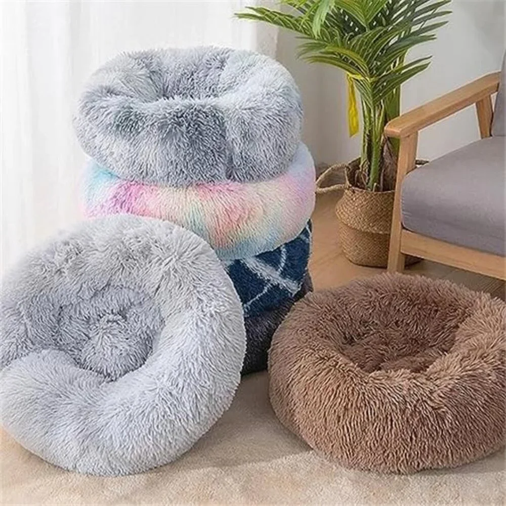 Round Cat Bed Washable Plush Donut Pet Bed Small Dog Puppy Anti Slip